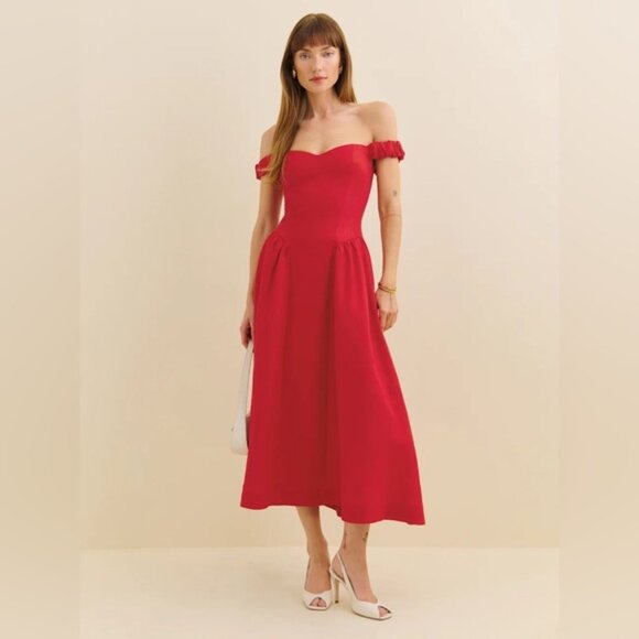 NEW Reformation Monet Linen Midi Dress Lipstick Red Off-Shoulder | size 0 - Picture 4 of 14